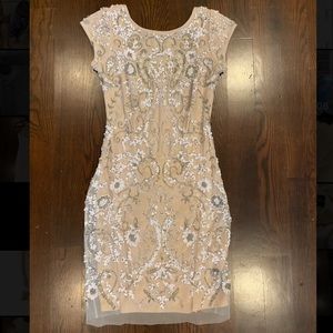 Aidan mattox beaded tulle cocktail dress size 2 rose/beige